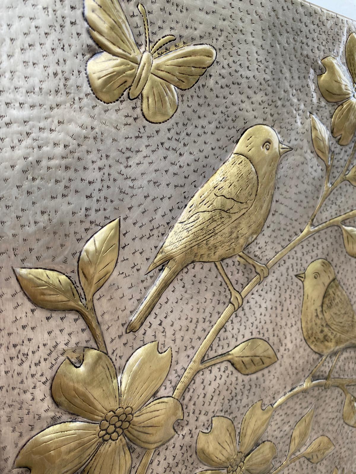 Handmade Silver - Gold Metal Stove Backsplash Panel with Birds and Flowers - Natuross