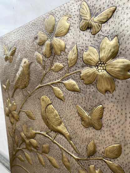 Handmade Silver - Gold Metal Stove Backsplash Panel with Birds and Flowers - Natuross
