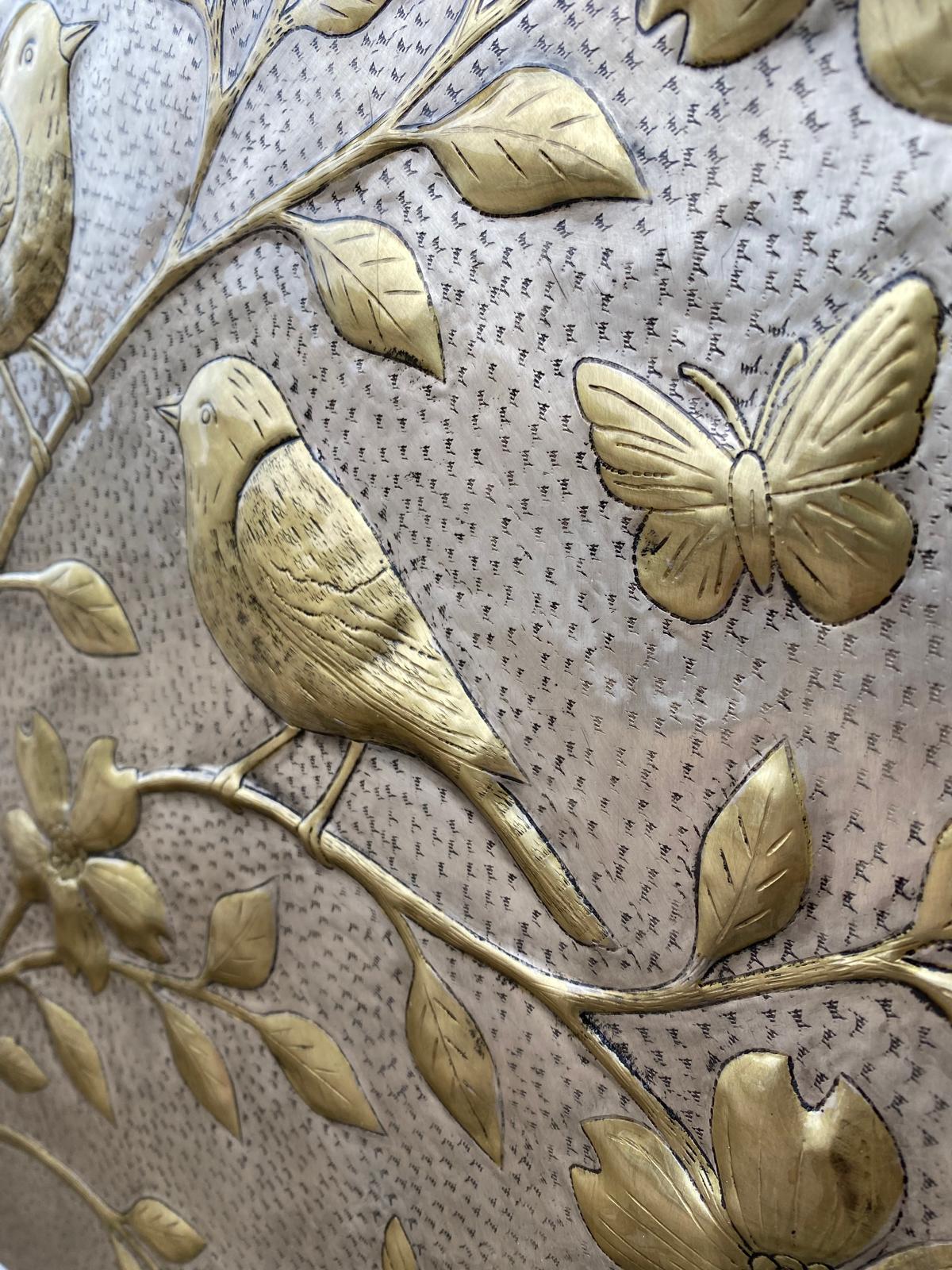 Handmade Silver - Gold Metal Stove Backsplash Panel with Birds and Flowers - Natuross