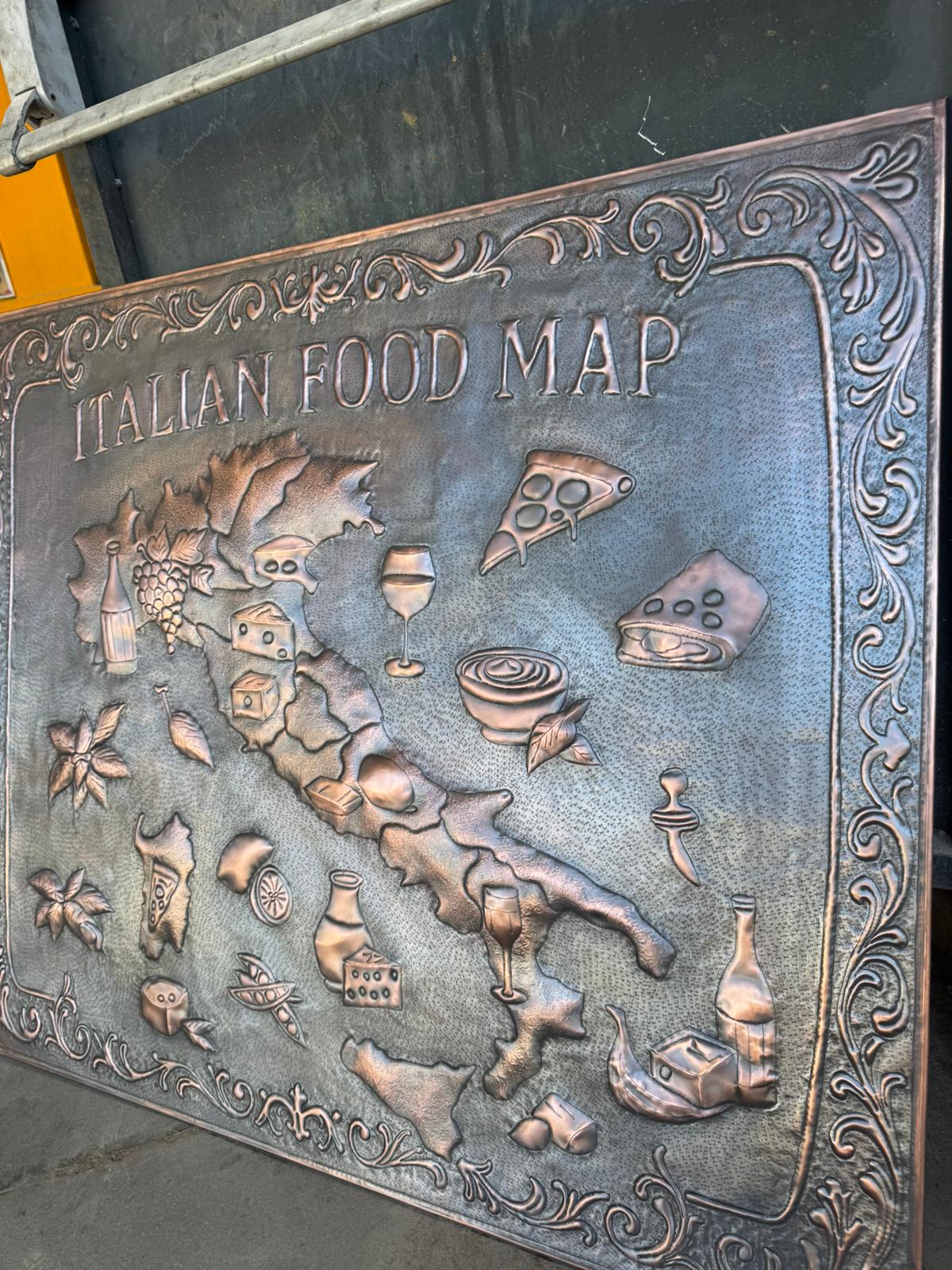 Italian Food Map Copper Kitchen Backsplash – Embossed Culinary Wall Art - Natuross