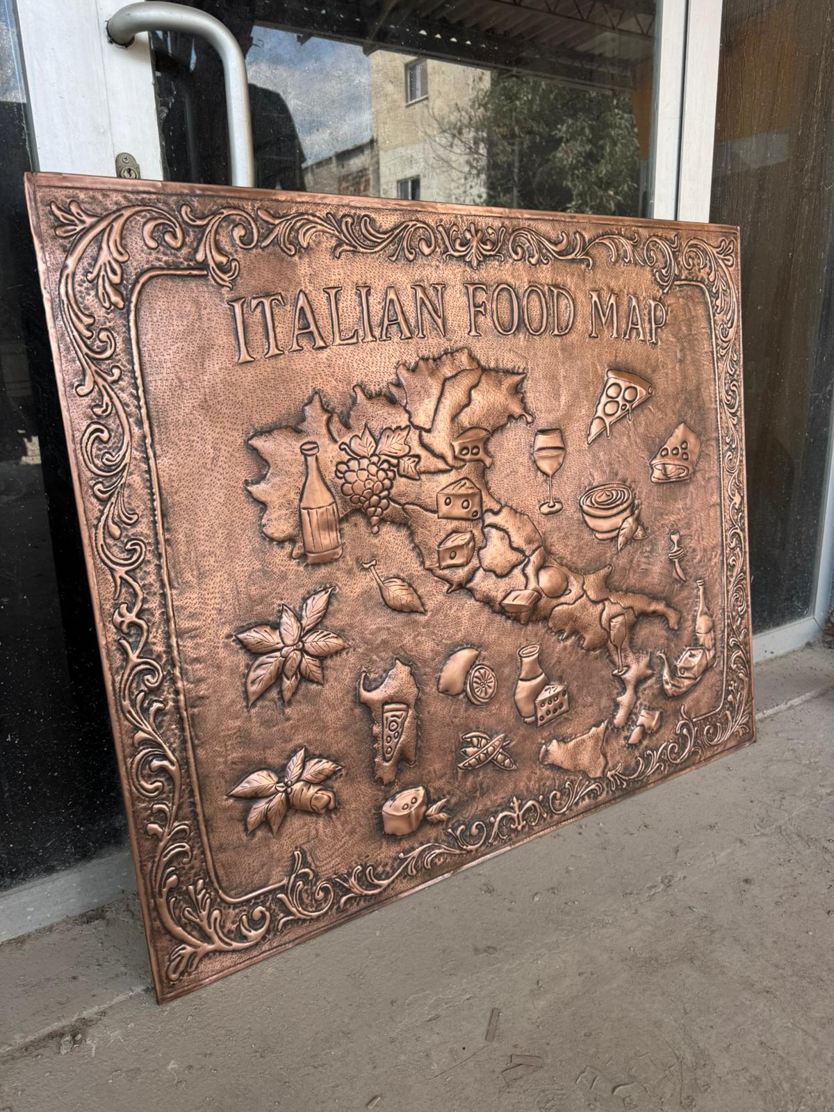 Italian Food Map Copper Kitchen Backsplash – Embossed Culinary Wall Art