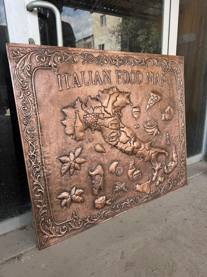 Italian Food Map Copper Kitchen Backsplash – Embossed Culinary Wall Art