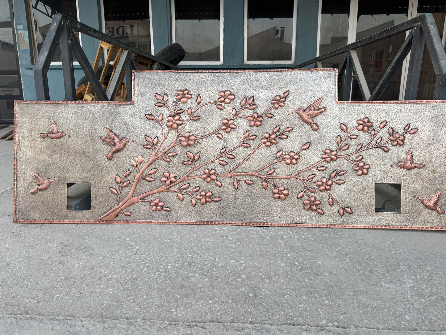 Cherry Blossoms & Hummingbirds Copper Backsplash – Hand-Hammered Custom Metal Wall Art for Kitchen, Stove, or Sink – Made to Order - Natuross