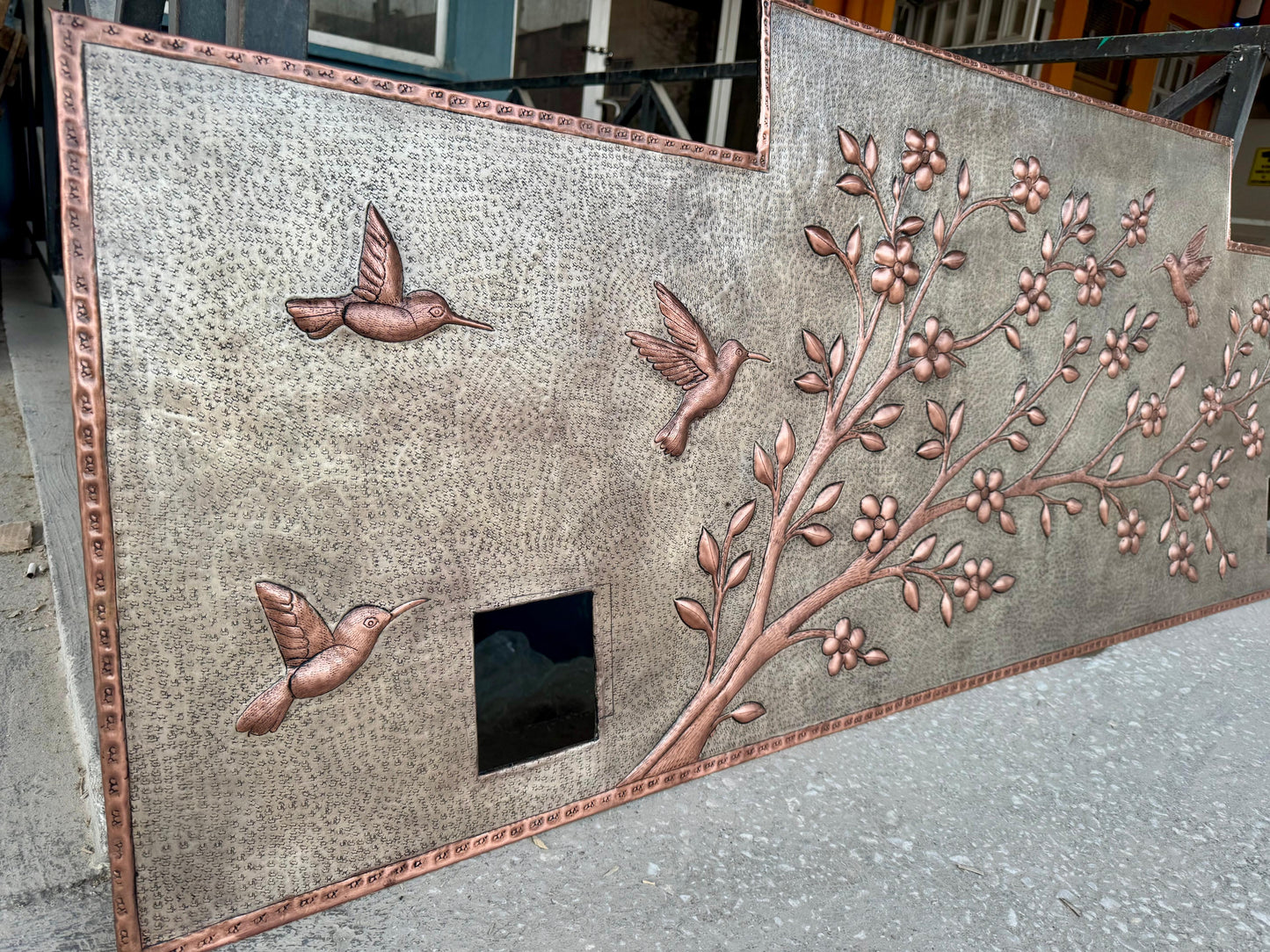 Cherry Blossoms & Hummingbirds Copper Backsplash – Hand-Hammered Custom Metal Wall Art for Kitchen, Stove, or Sink – Made to Order - Natuross