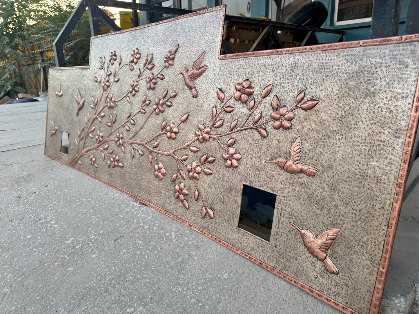 Cherry Blossoms & Hummingbirds Copper Backsplash – Hand-Hammered Custom Metal Wall Art for Kitchen, Stove, or Sink – Made to Order - Natuross
