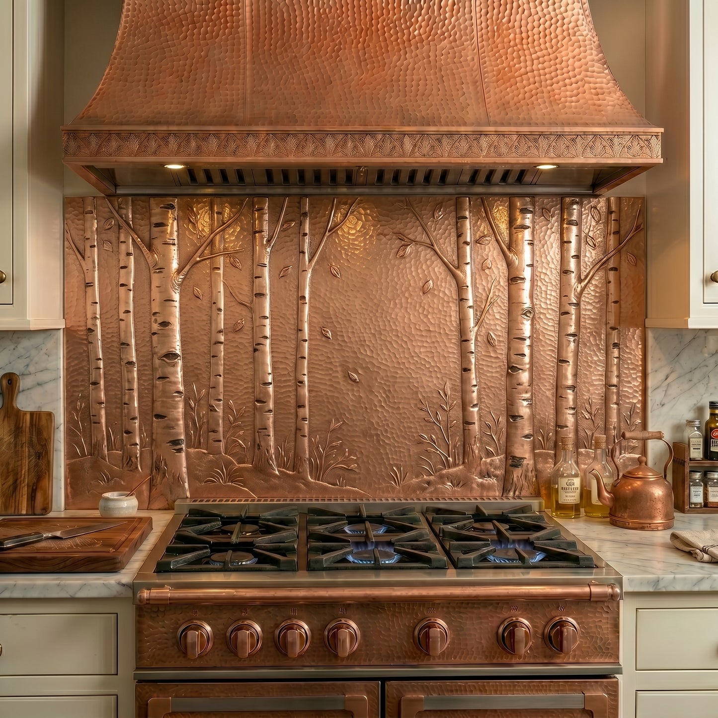 Handmade Birch Grove copper kitchen backsplash featuring elegant birch trees, woodland scenery, and a hammered copper background. Custom sizes available for cabin, lakehouse, rustic, Scandinavian, and nature-inspired kitchens.