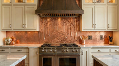 Handcrafted copper kitchen backsplash featuring a winding woodland path beneath graceful trees. Custom sizes available for stove backsplashes or complete kitchen backsplash installations.