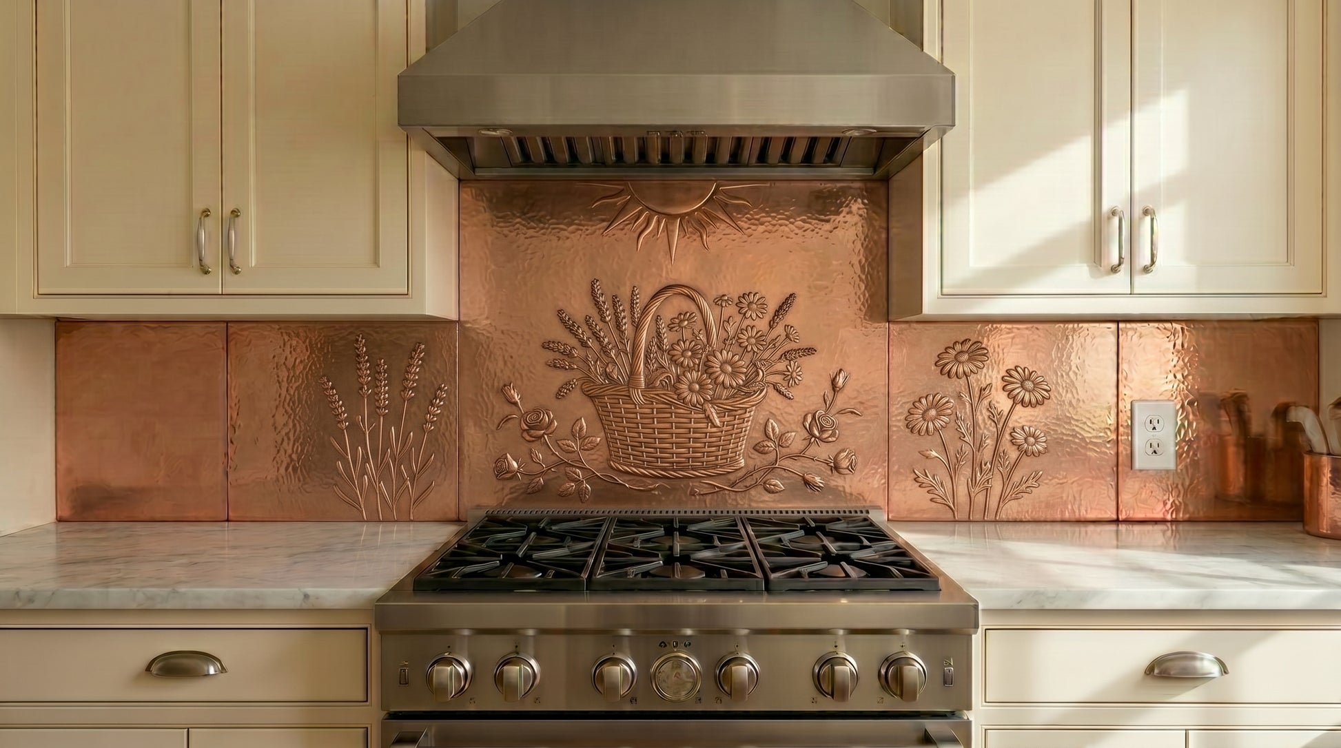 Handcrafted copper stove backsplash featuring a basket of wildflowers, roses, lavender, and garden blooms. Real copper kitchen backsplash designed for ranges and cooktops. Custom sizes and finishes available for single panels or complete backsplash installations.