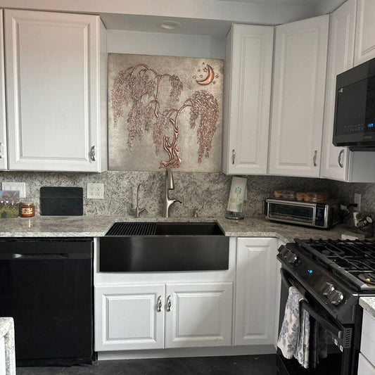 Willow Moon hand-hammered copper backsplash panel – Silver Copper Details finish, weeping willow and full moon relief
