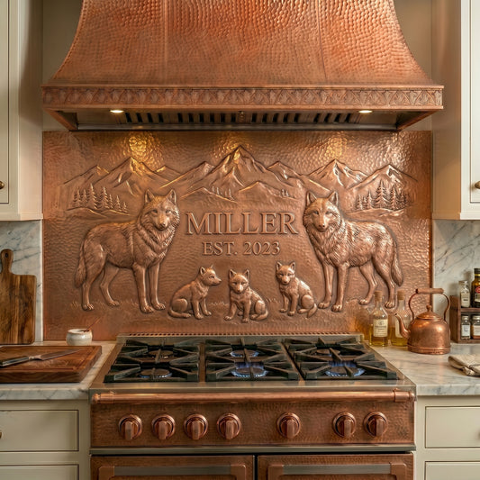 Personalized copper stove backsplash featuring a wolf family, mountain landscape, custom family name, and established date. Handmade copper kitchen backsplash available in custom sizes and finishes.