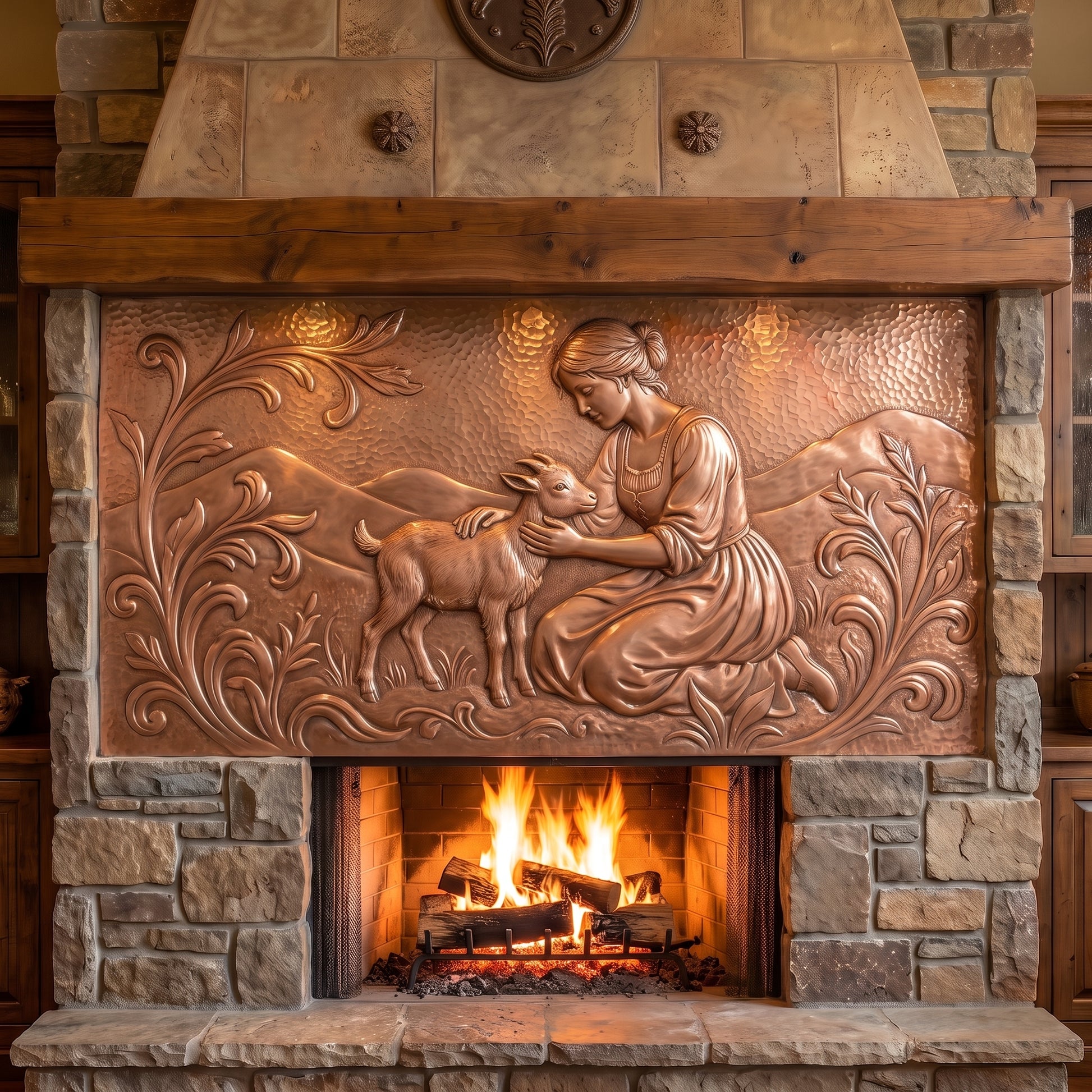 Hand-hammered copper goat wall art displayed above a stone fireplace, featuring a woman kneeling beside and gently holding a baby goat, surrounded by decorative botanical scrollwork and rolling hills in detailed raised copper relief.