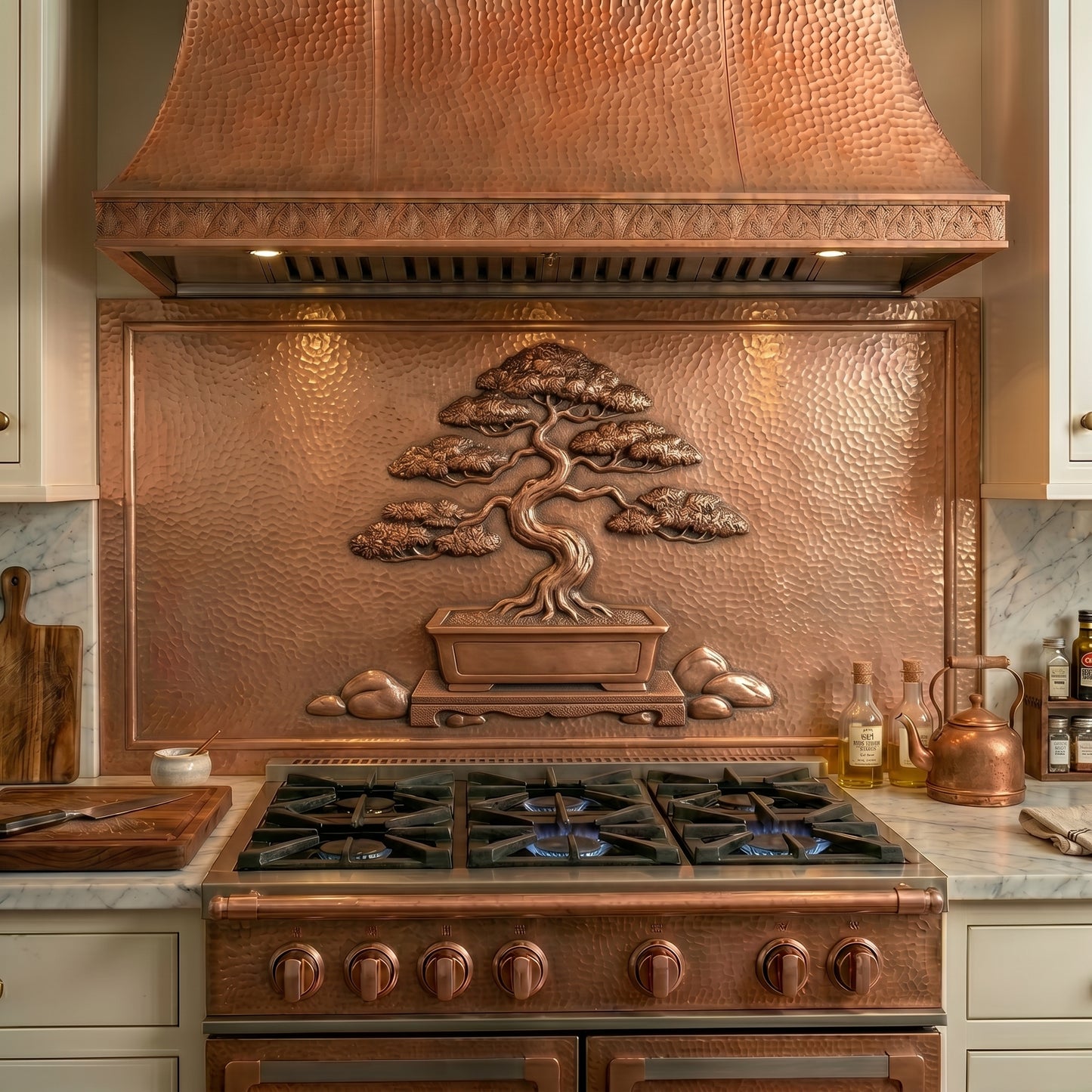 Handmade Bonsai Tree copper kitchen backsplash featuring a graceful bonsai in a traditional planter crafted from real copper. Custom sizes available for Zen, Japanese-inspired, minimalist, and nature-themed kitchens.