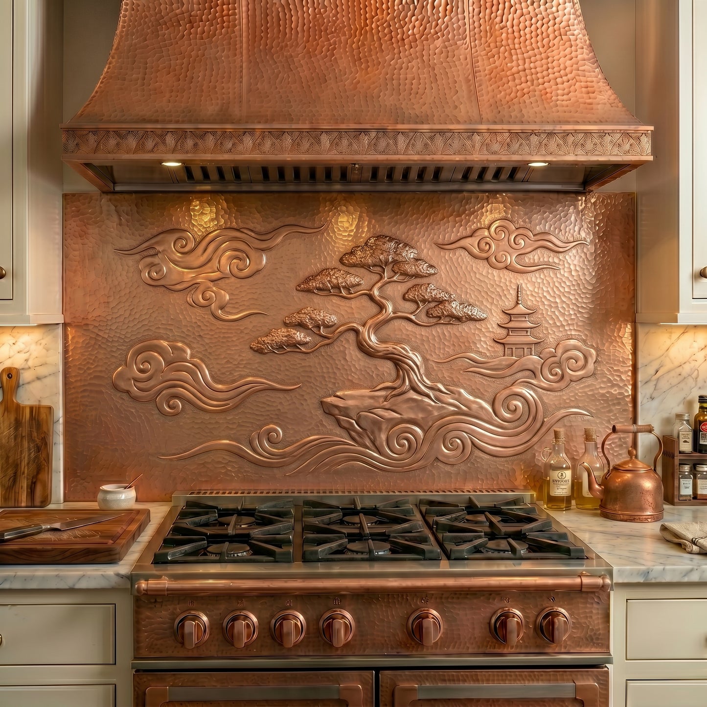 Handmade Zen Japanese Style Copper Kitchen Backsplash crafted from real copper. Featuring a bonsai-inspired tree, pagoda, flowing clouds, and traditional Japanese design elements. Custom sizes available. Perfect for Zen, Japanese, and Japandi kitchens.