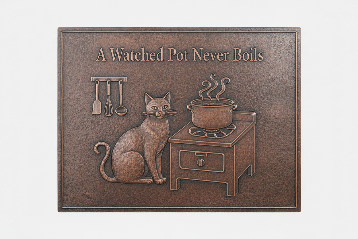 A Watched Pot Never Boils brown patina panel