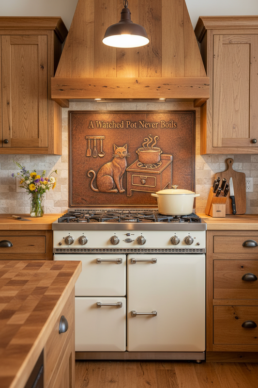 A Watched Pot Never Boils Copper Backsplash in Rustic Farmhouse Kitchen