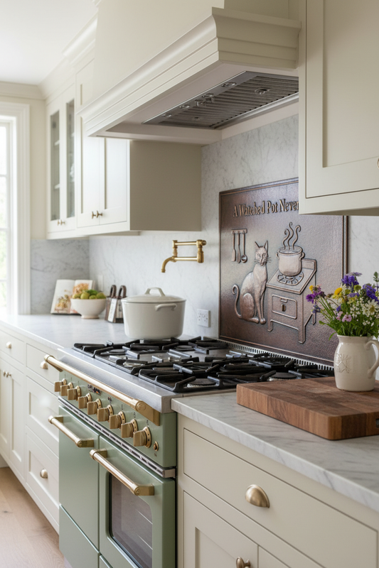 A Watched Pot Never Boils Copper Stove Backsplash in Cottage Farmhouse with Sage Green Range