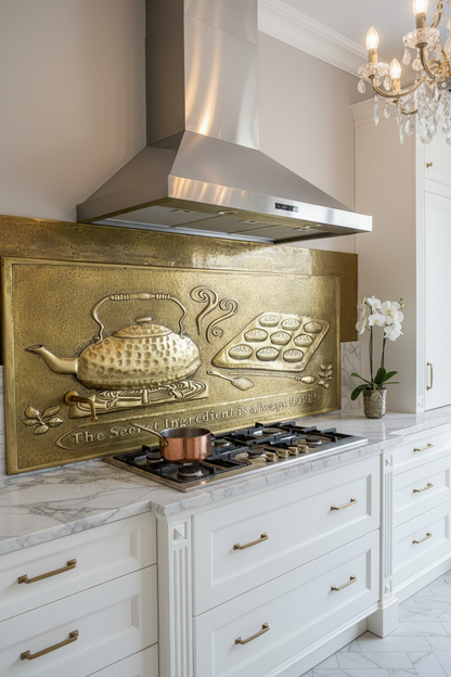 Antique Gold Kettle Tray Backsplash Panel EXTREMELY CLOSE Angled Right View Dream Luxury Kitchen Perfect Color Texture 6mm Thickness Hand-Hammered Brass Wall Art