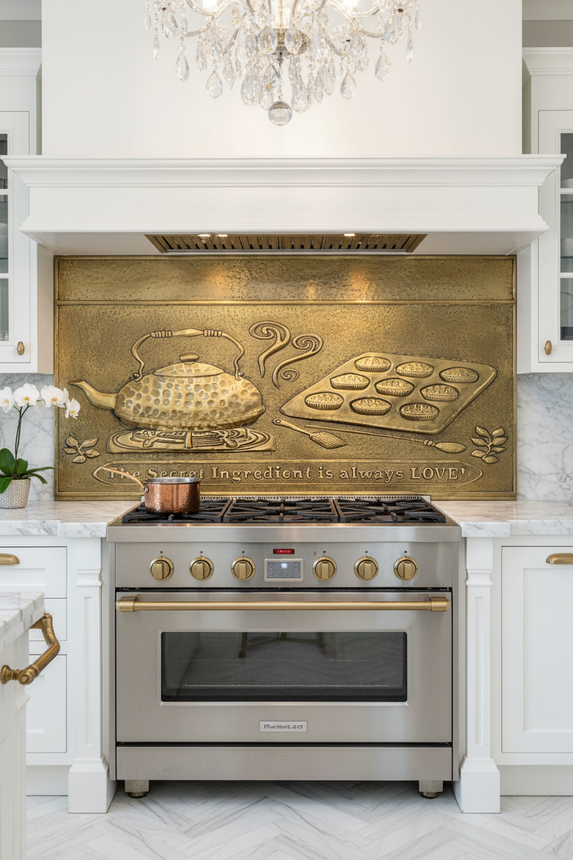 Antique Gold Kettle Tray Backsplash Panel EXTREMELY CLOSE Front Direct View Dream Luxury Kitchen Perfect Color Texture 6mm Thickness Hand-Hammered Brass Wall Art