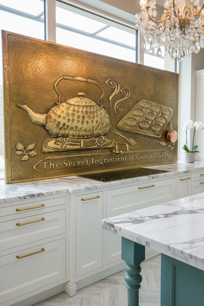 Antique Gold Kettle Tray Backsplash Panel EXTREMELY CLOSE Slight Angled Left View Dream Luxury Kitchen Perfect Color Texture 6mm Thickness Hand-Hammered Brass Wall Art