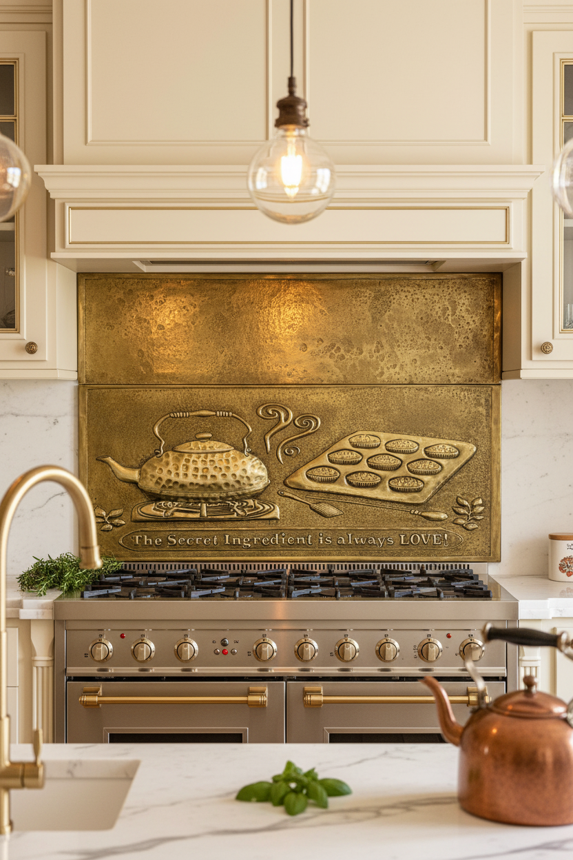 Antique Gold Kettle Tray Panel EXTREMELY CLOSE Kitchen Backsplash Dream Luxury Traditional Kitchen Perfect Color Texture 6mm Thickness Hand-Hammered Brass