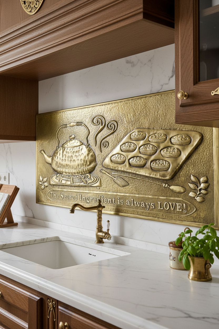 Antique Gold Kettle Tray Panel EXTREMELY CLOSE Kitchen Backsplash Dream Luxury Traditional Kitchen Perfect Color Texture 6mm Thickness Hand-Hammered Brass