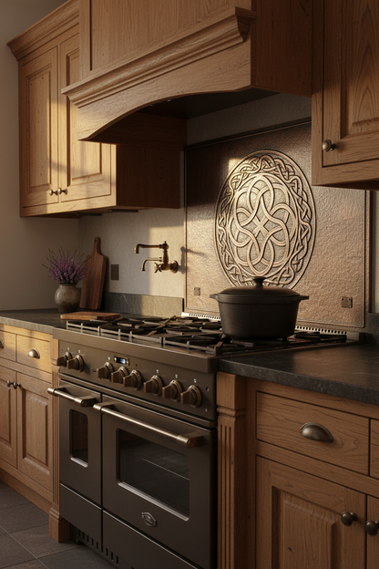 Authentic Celtic Knot Copper Backsplash in Traditional Wood Kitchen with Soapstone Counters