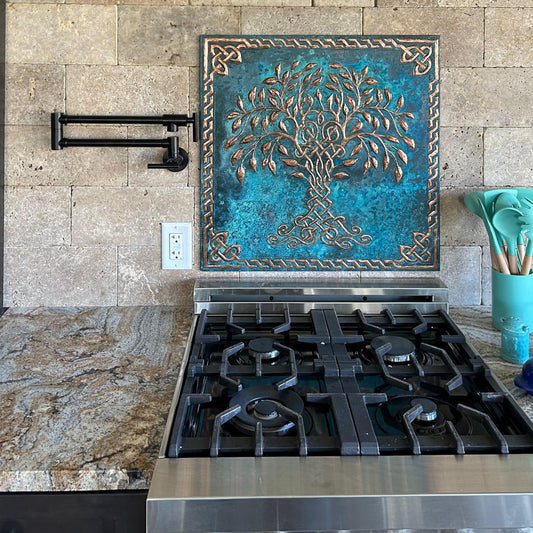 Celtic Kitchen Backsplash Tile - Copper Tree of Life - Blue Patina