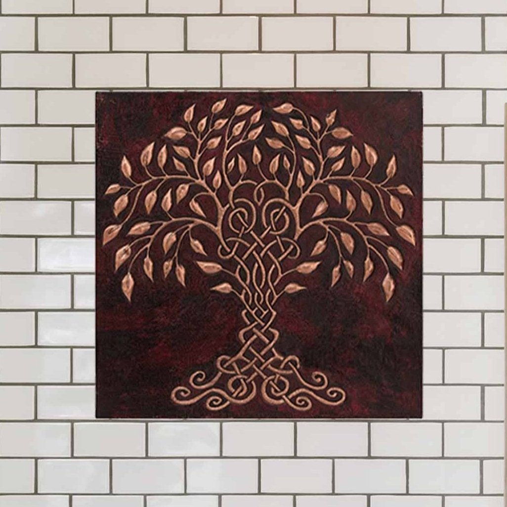 Copper Celtic Tree of Life Handmade Art Tile 23.7"x23.7" Lava Red - Natuross