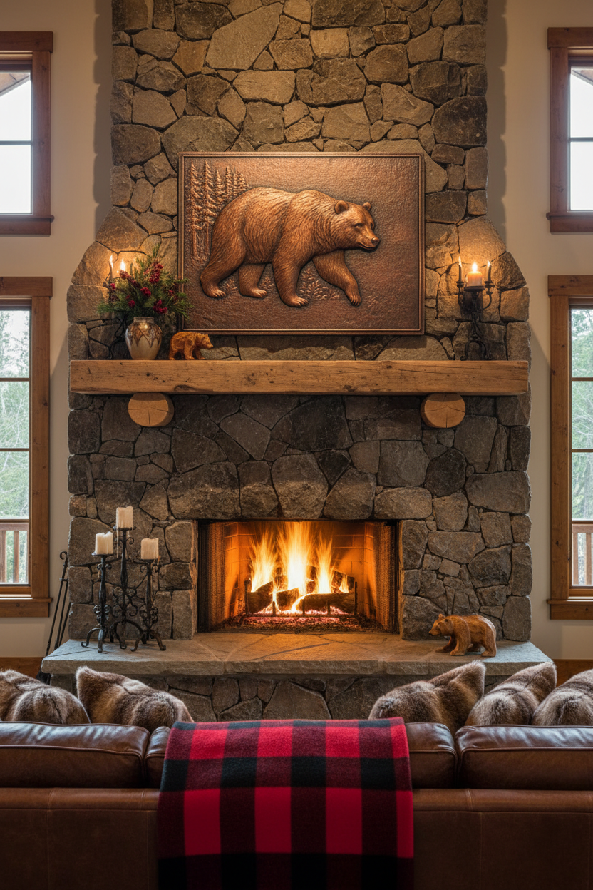 Bear in Forest - rustic lodge living room