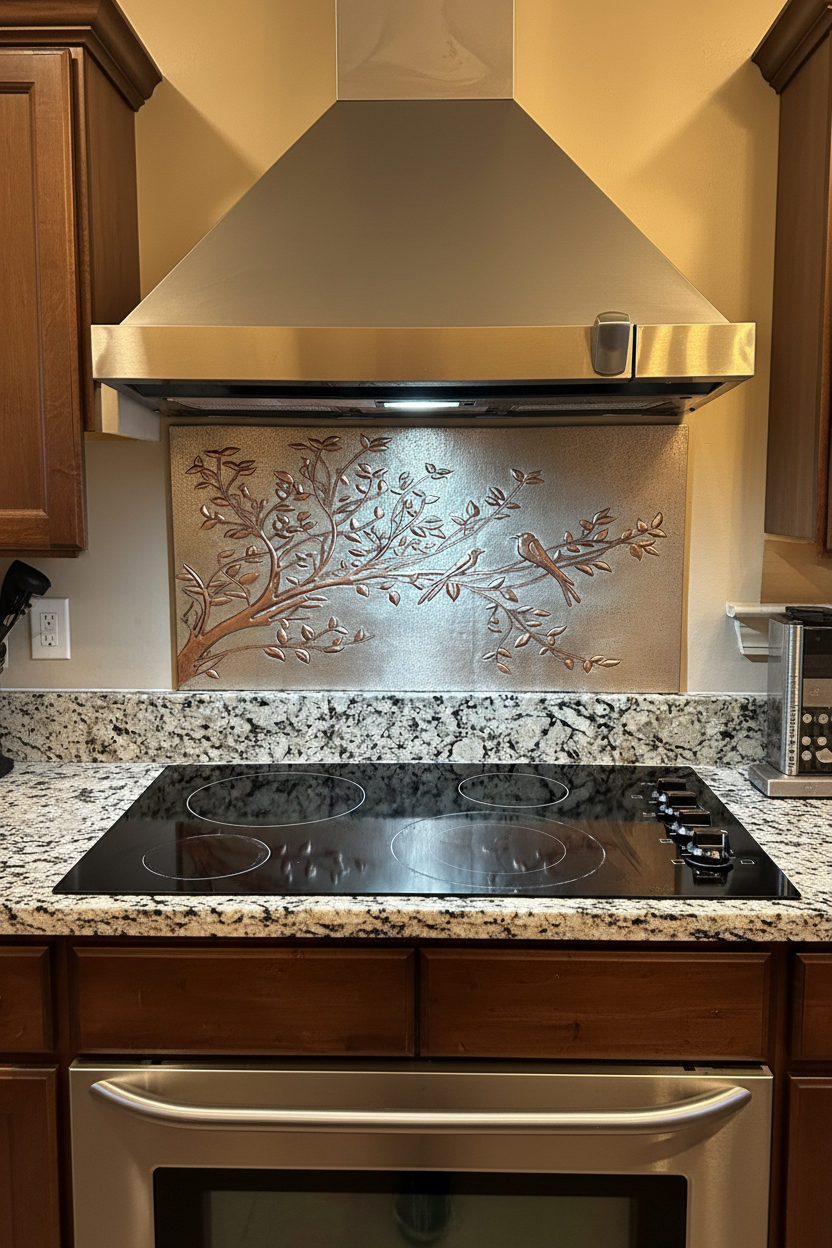 Birds on Tree Branches Copper Backsplash - oversized close-up