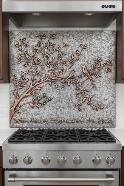 Birds on Tree Branches Copper Backsplash - oversized close-up