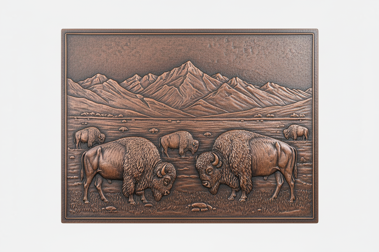Bison in Valley brown patina panel