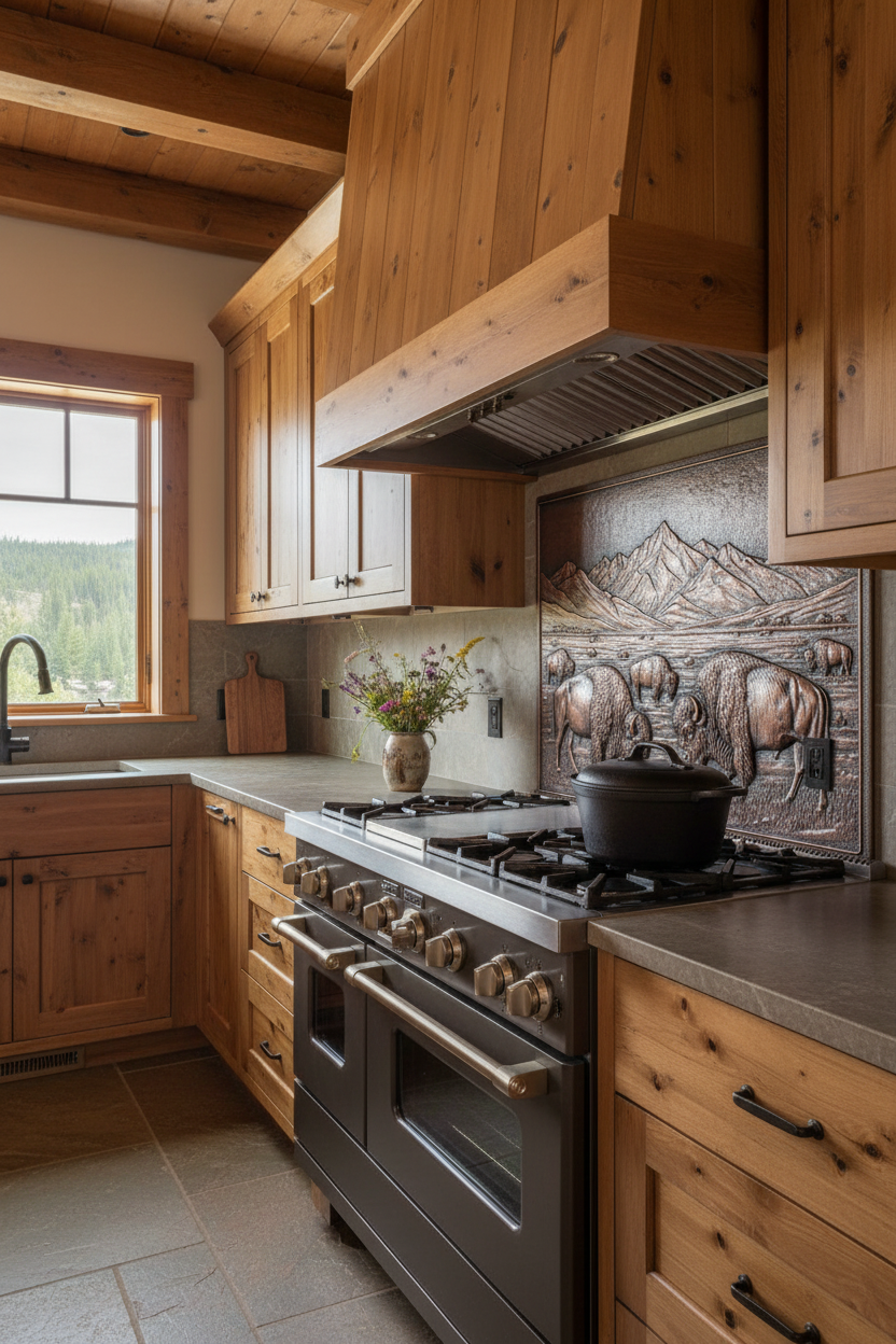 Bison in Valley Copper Backsplash Panel in National Park Lodge Kitchen with Cedar Cabinets