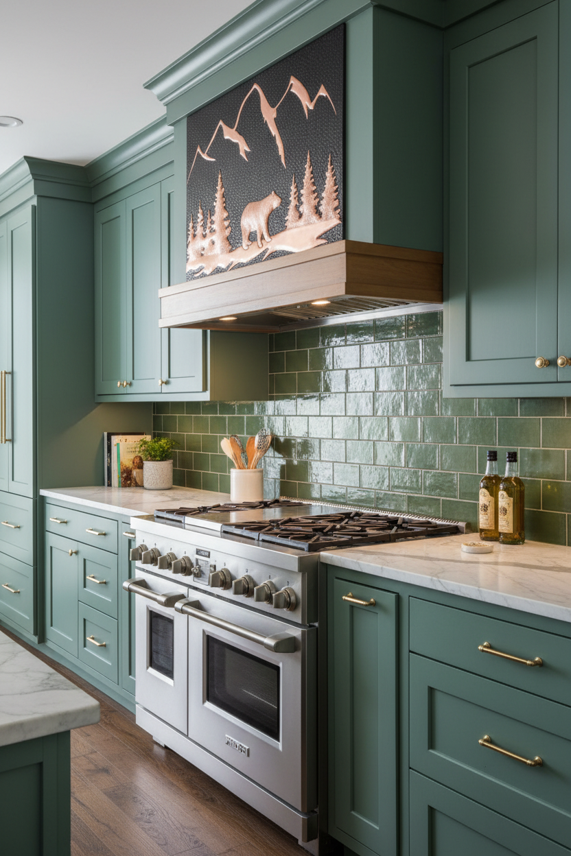 Black bear copper backsplash 48"W x 36"H as RANGE HOOD PANEL in luxury kitchen