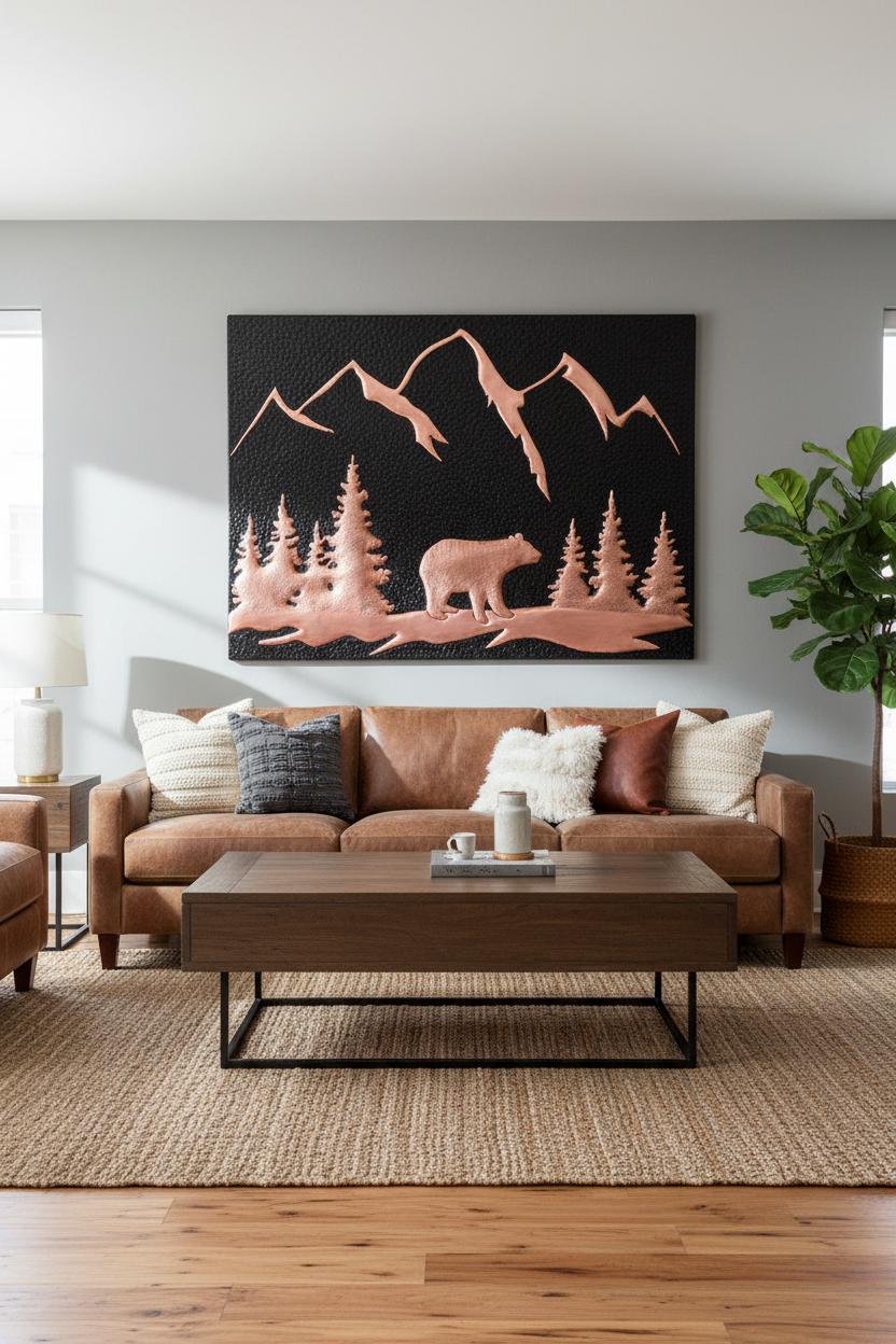 Black bear copper backsplash 70"W x 38"H as FEATURE WALL ART above sofa in modern rustic living room