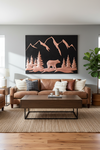 Black bear copper backsplash 70"W x 38"H as FEATURE WALL ART above sofa in modern rustic living room