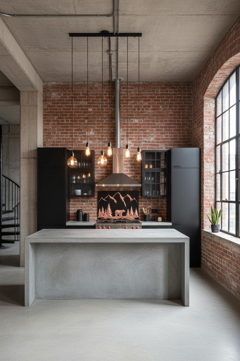 Black bear copper backsplash 70"W x 38"H VERY LARGE in industrial loft kitchen