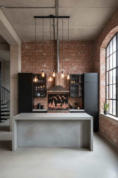 Black bear copper backsplash 70"W x 38"H VERY LARGE in industrial loft kitchen