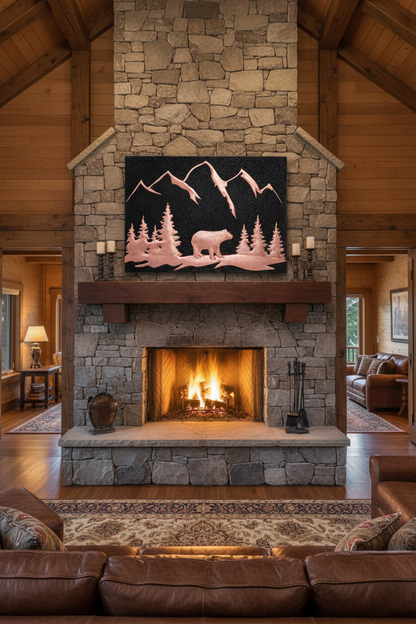 Black bear copper backsplash 72"W x 38"H as FIREPLACE OVER-MANTEL in rustic lodge living room