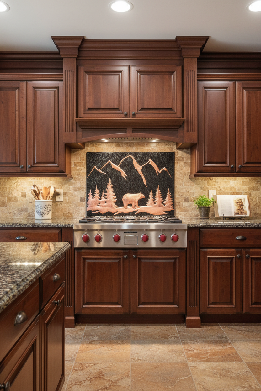 Black bear copper backsplash 72"W x 38"H VERY LARGE in traditional elegant kitchen