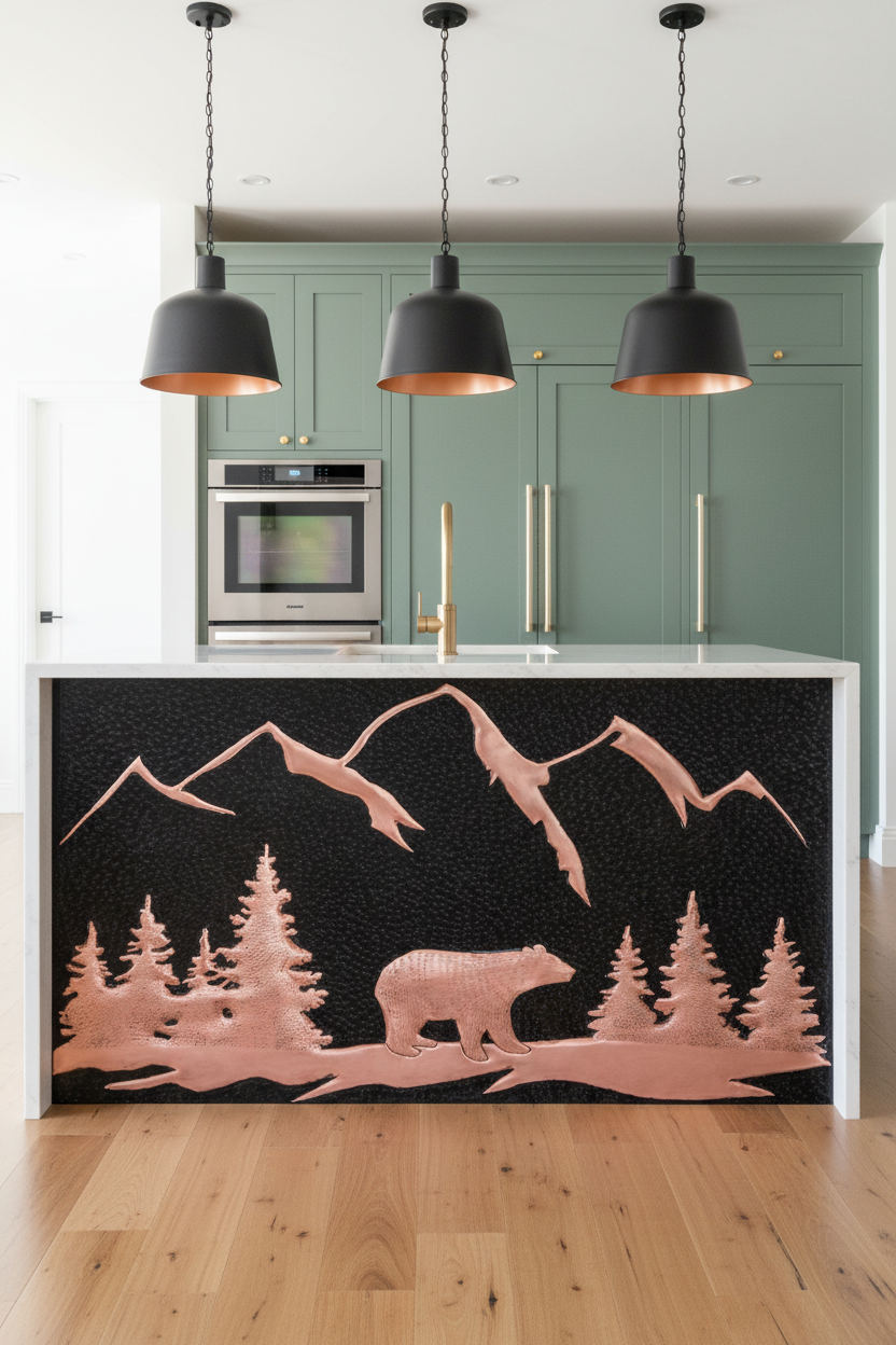 Black bear copper backsplash 75"W x 38"H as KITCHEN ISLAND FRONT in contemporary kitchen