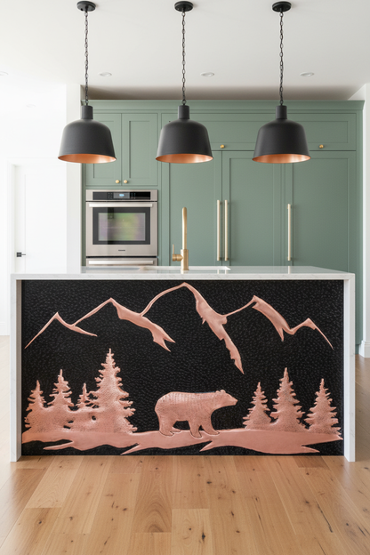 Black bear copper backsplash 75"W x 38"H as KITCHEN ISLAND FRONT in contemporary kitchen