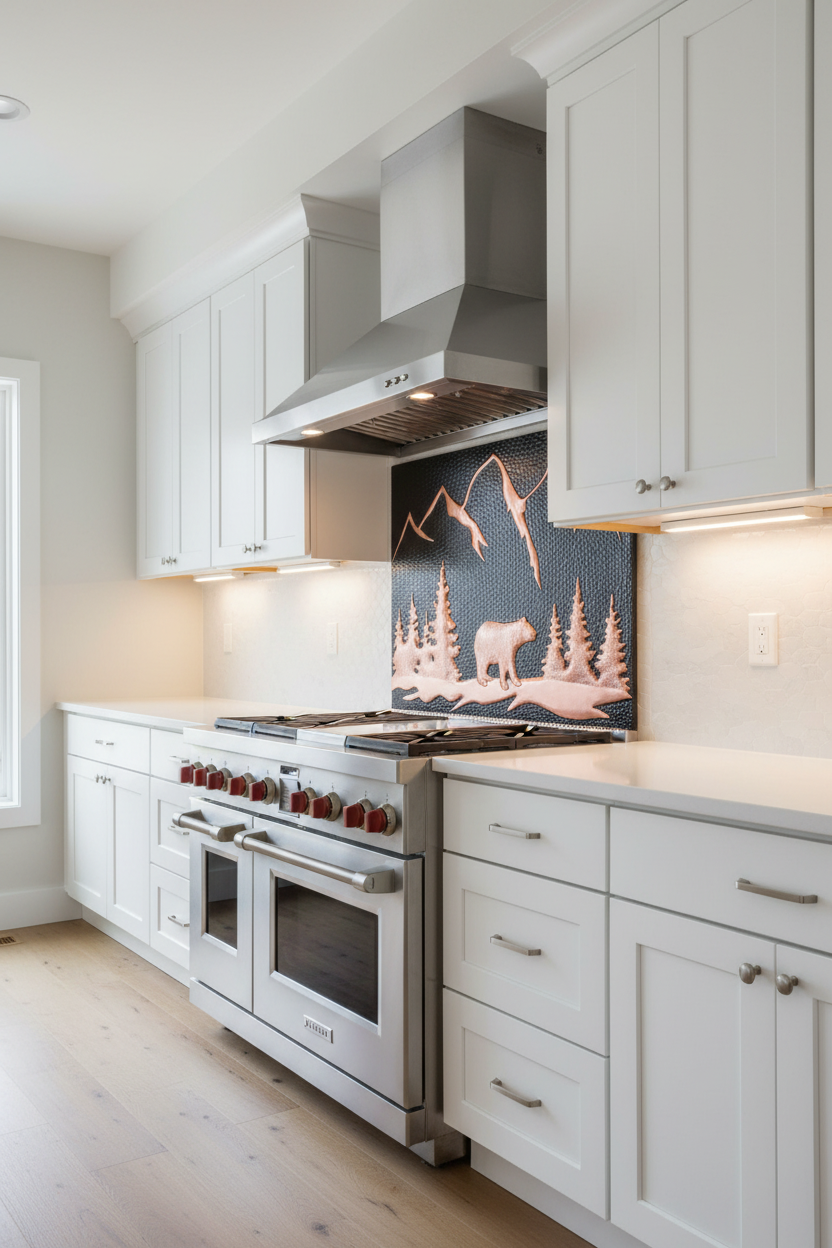 Black bear copper backsplash 77"W x 38"H as FULL WALL BACKSPLASH in modern kitchen
