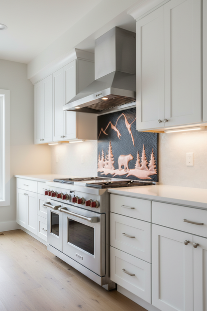 Black bear copper backsplash 77"W x 38"H as FULL WALL BACKSPLASH in modern kitchen