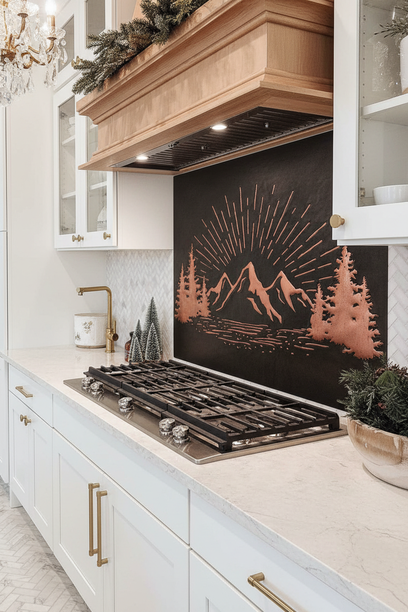 Black Copper Mountain Sunrise Panel EXTREMELY CLOSE Stove Backsplash Angled Left View Dream Luxury Kitchen