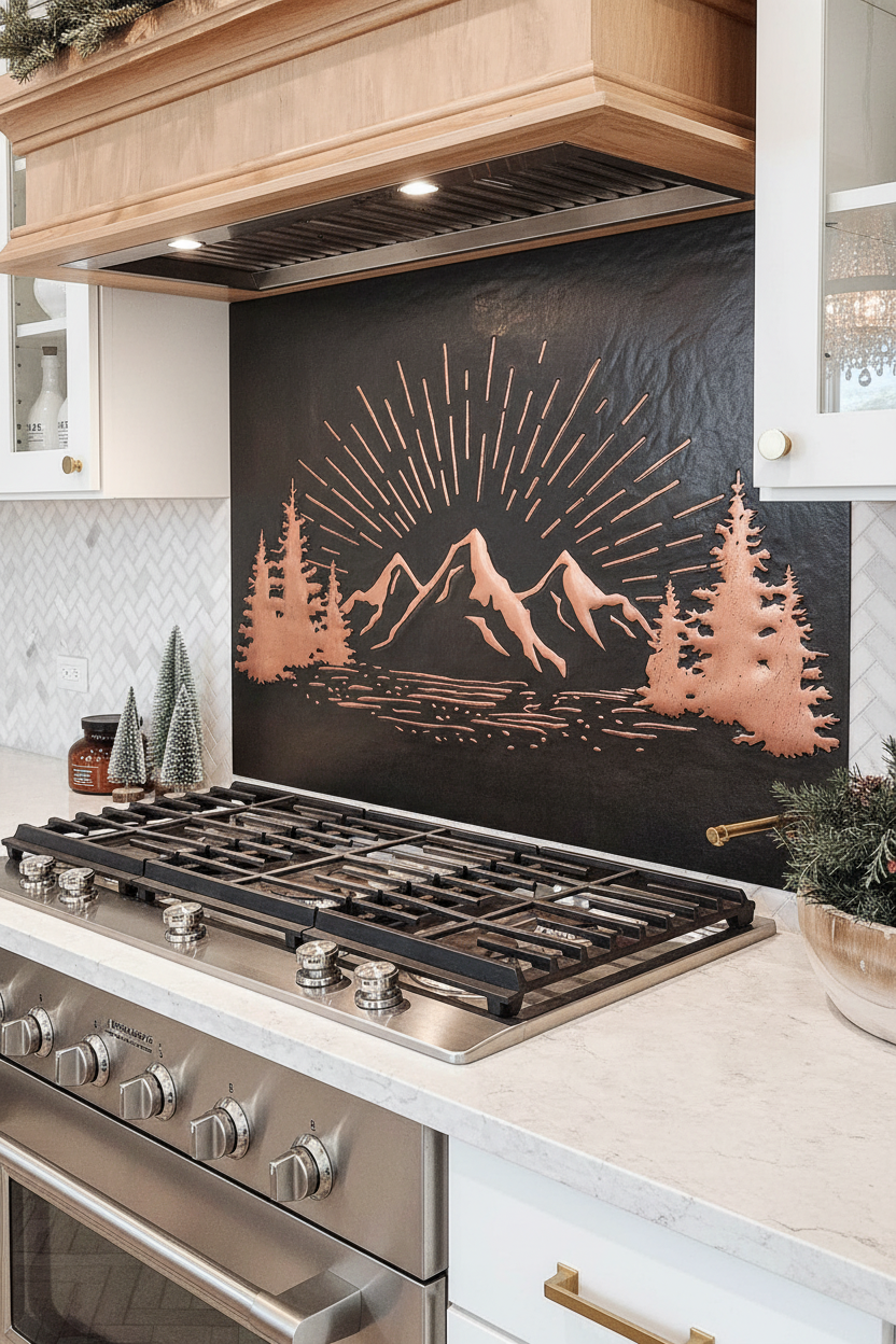 Black Copper Mountain Sunrise Panel EXTREMELY CLOSE Stove Backsplash Angled Right View Dream Luxury Kitchen