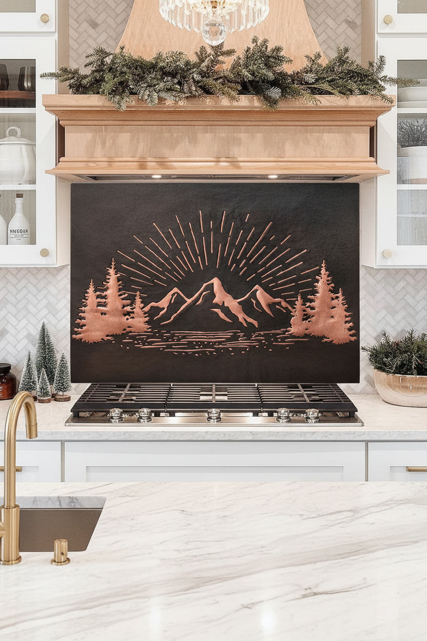 Black Copper Mountain Sunrise Panel EXTREMELY CLOSE Stove Backsplash Front View Dream Luxury Kitchen