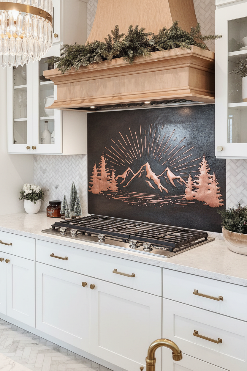 Black Copper Mountain Sunrise Panel EXTREMELY CLOSE Stove Backsplash Slight Angled Left View Dream Luxury Kitchen