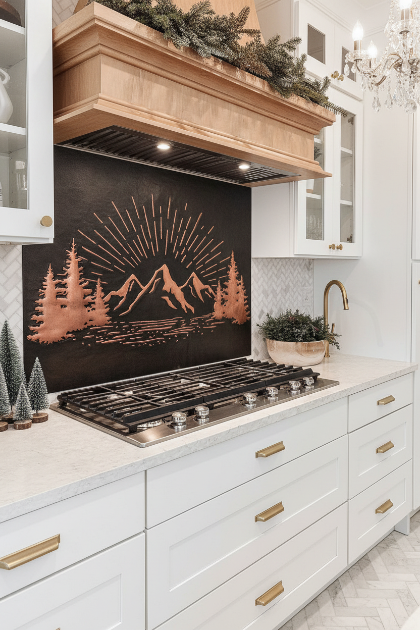 Black Copper Mountain Sunrise Panel EXTREMELY CLOSE Stove Backsplash Slight Angled Right View Dream Luxury Kitchen