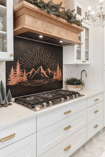 Black Copper Mountain Sunrise Panel EXTREMELY CLOSE Stove Backsplash Slight Angled Right View Dream Luxury Kitchen